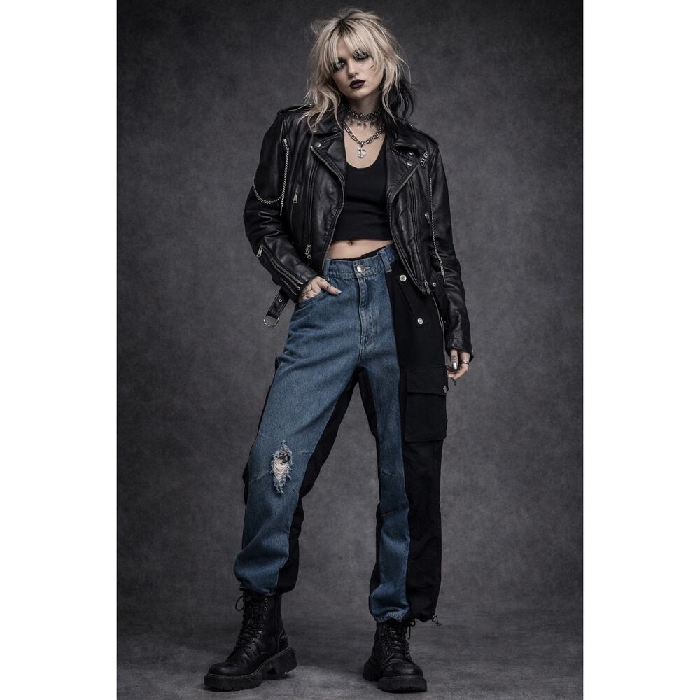 Maniere De Voir Two-Tone Blue and Black Straight Leg Jeans